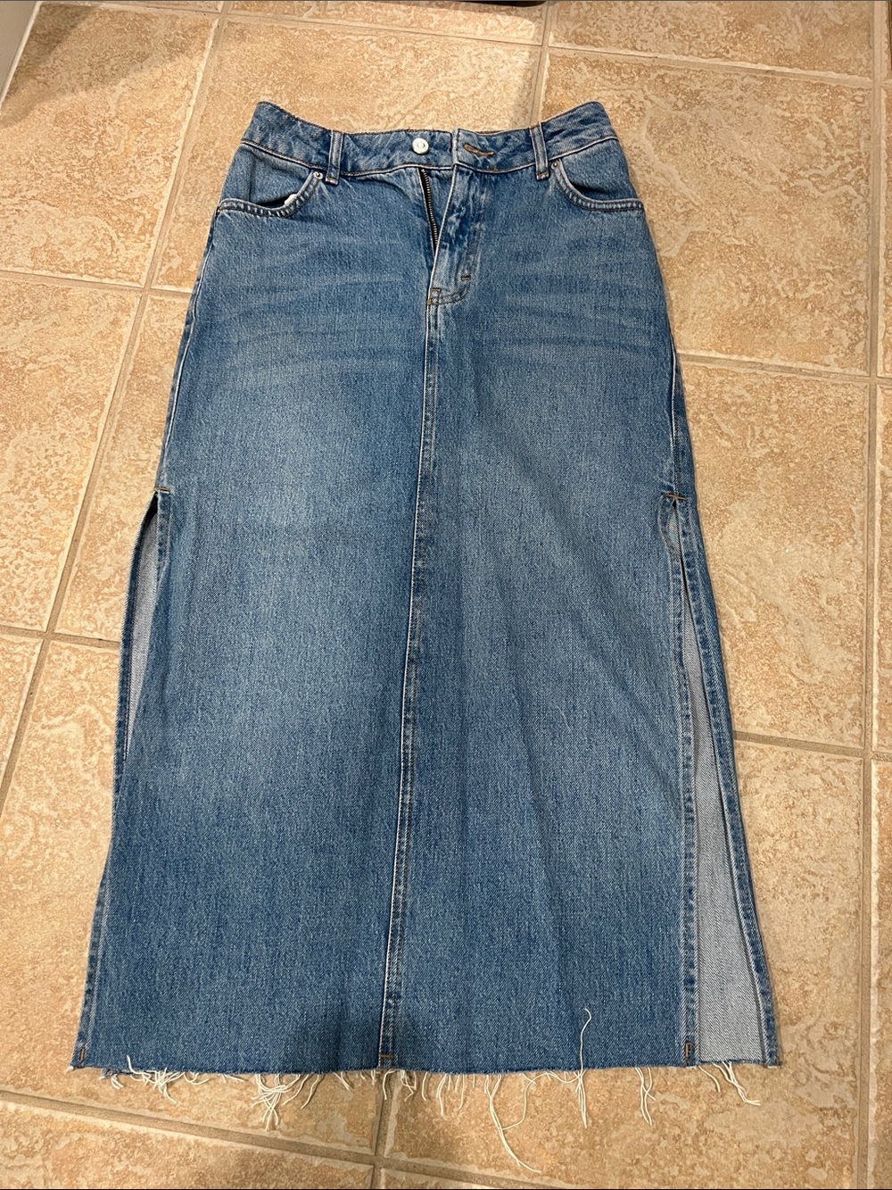 Topshop Blue Straight Denim Maxi Skirt